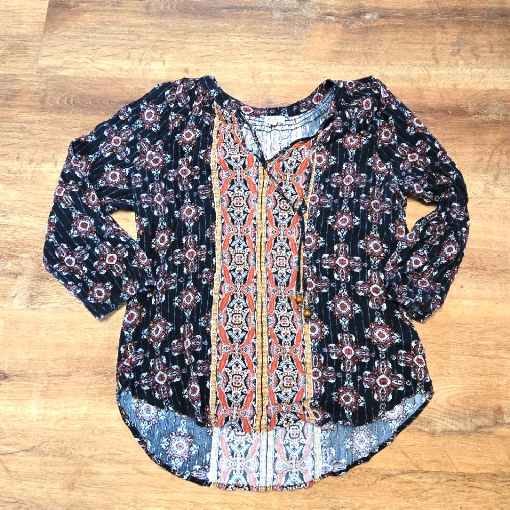 Mason & Belle XL Black and Red Graphic Relaxed Blouse with Mandarin Collar